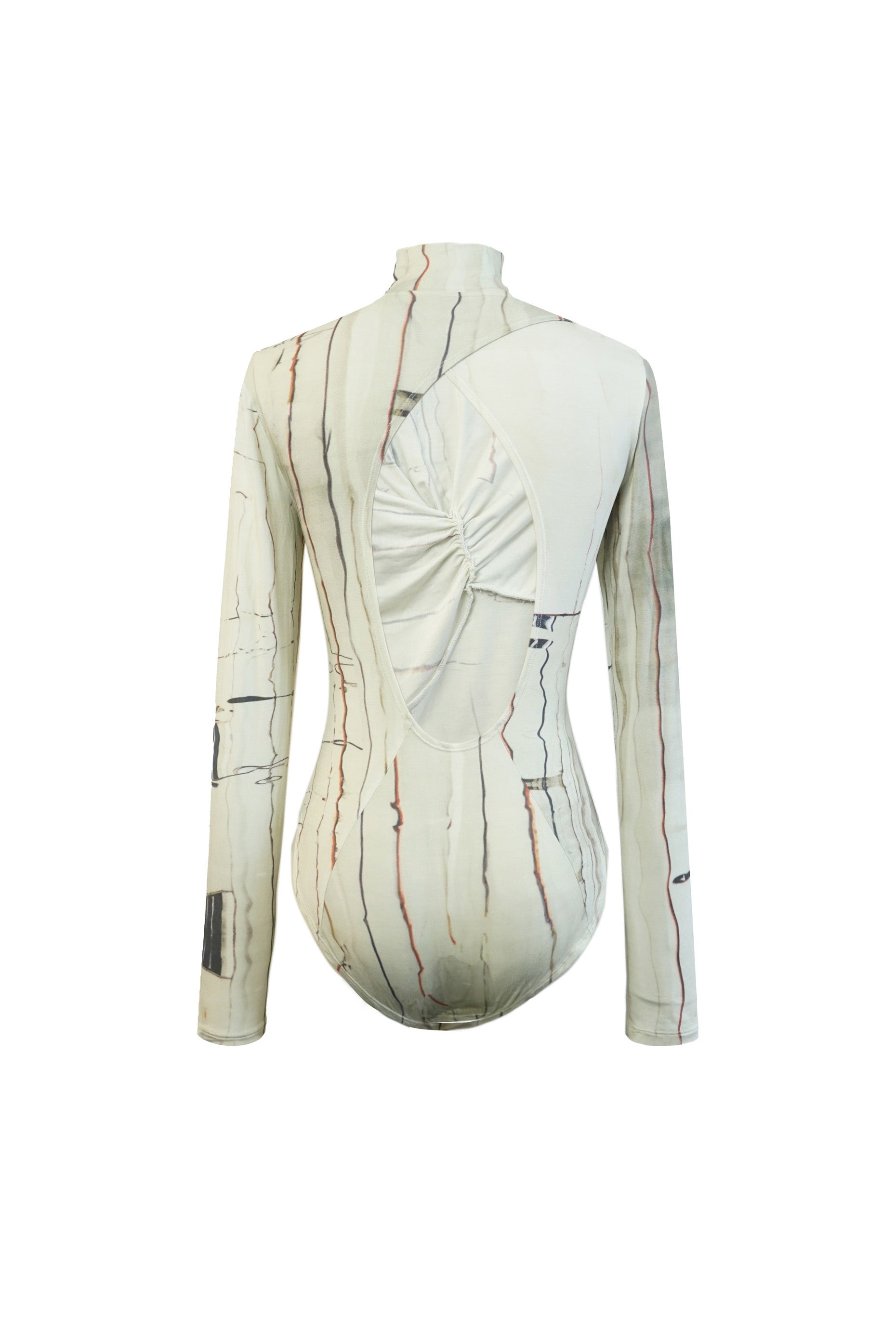 Back view of the YIBRI Printed Stretchy Open-Back Bodysuit showing the signature oval cut-out and softly gathered twist detail.