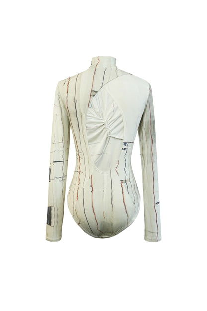 Back view of the YIBRI Printed Stretchy Open-Back Bodysuit showing the signature oval cut-out and softly gathered twist detail.