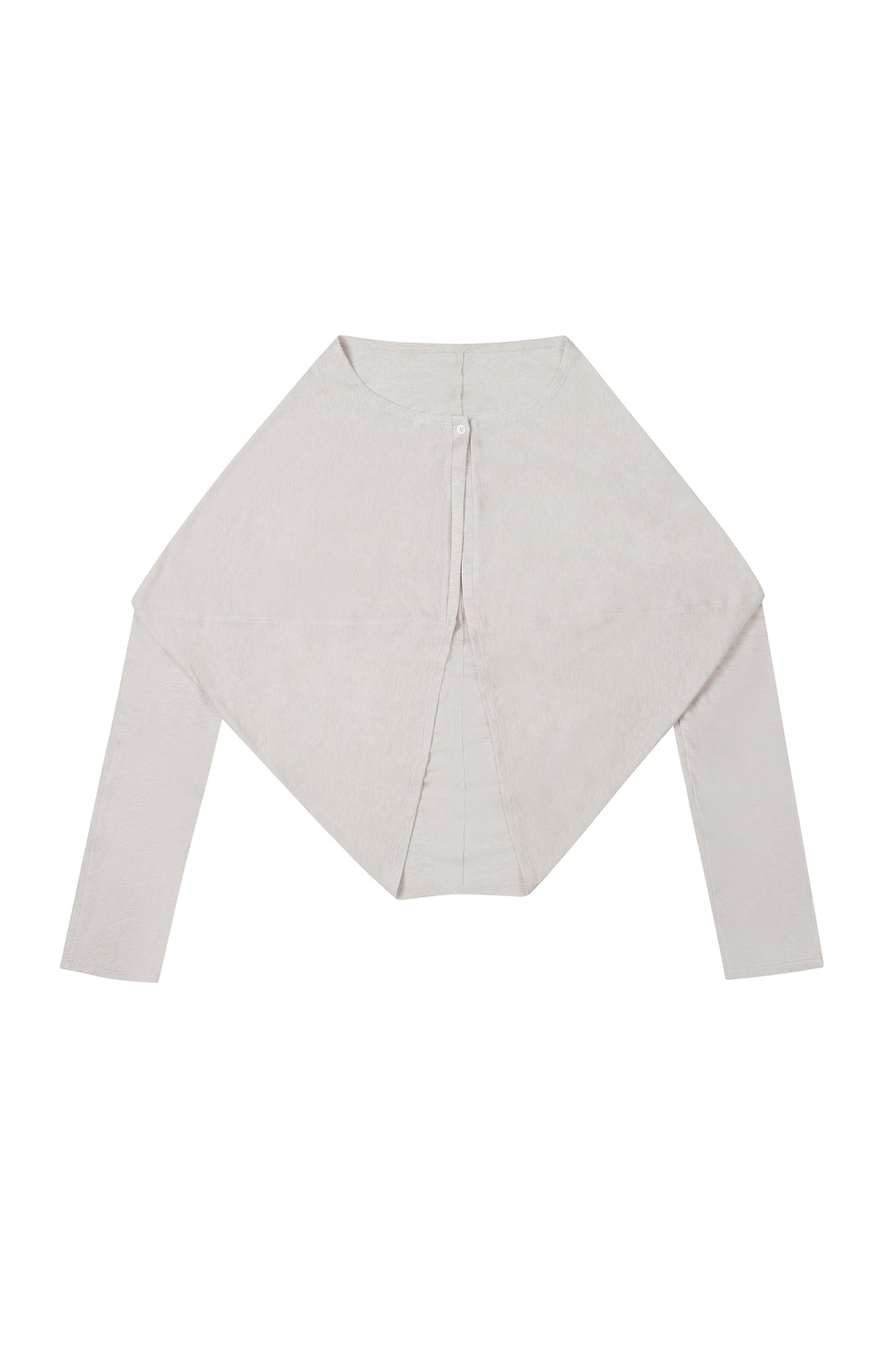 Back view of the YIBRI Reversible Cropped Cardigan in light grey, featuring sculptural diamond-cut silhouette, extended sleeves, and soft jersey drape.