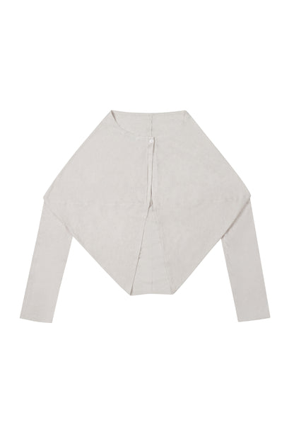 Back view of the YIBRI Reversible Cropped Cardigan in light grey, featuring sculptural diamond-cut silhouette, extended sleeves, and soft jersey drape.