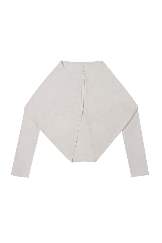 Back view of the YIBRI Reversible Cropped Cardigan in light grey, featuring sculptural diamond-cut silhouette, extended sleeves, and soft jersey drape.