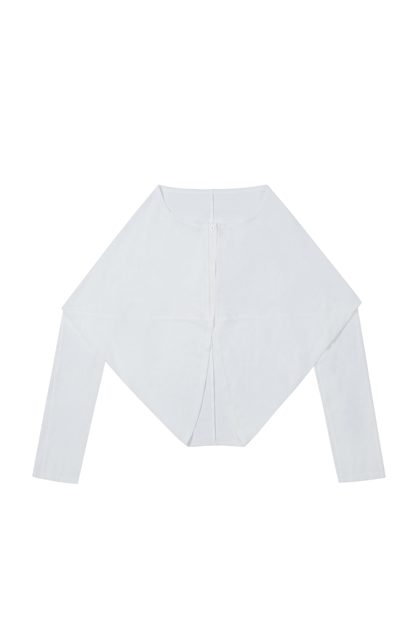 Front view of YIBRI Reversible Cropped Cardigan showing the clean boat neckline, soft jersey drape and sculptural diamond-shaped hem.