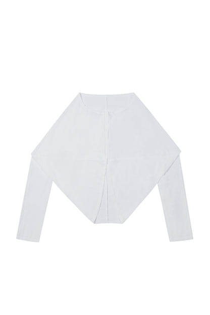 Front view of YIBRI Reversible Cropped Cardigan showing the clean boat neckline, soft jersey drape and sculptural diamond-shaped hem.