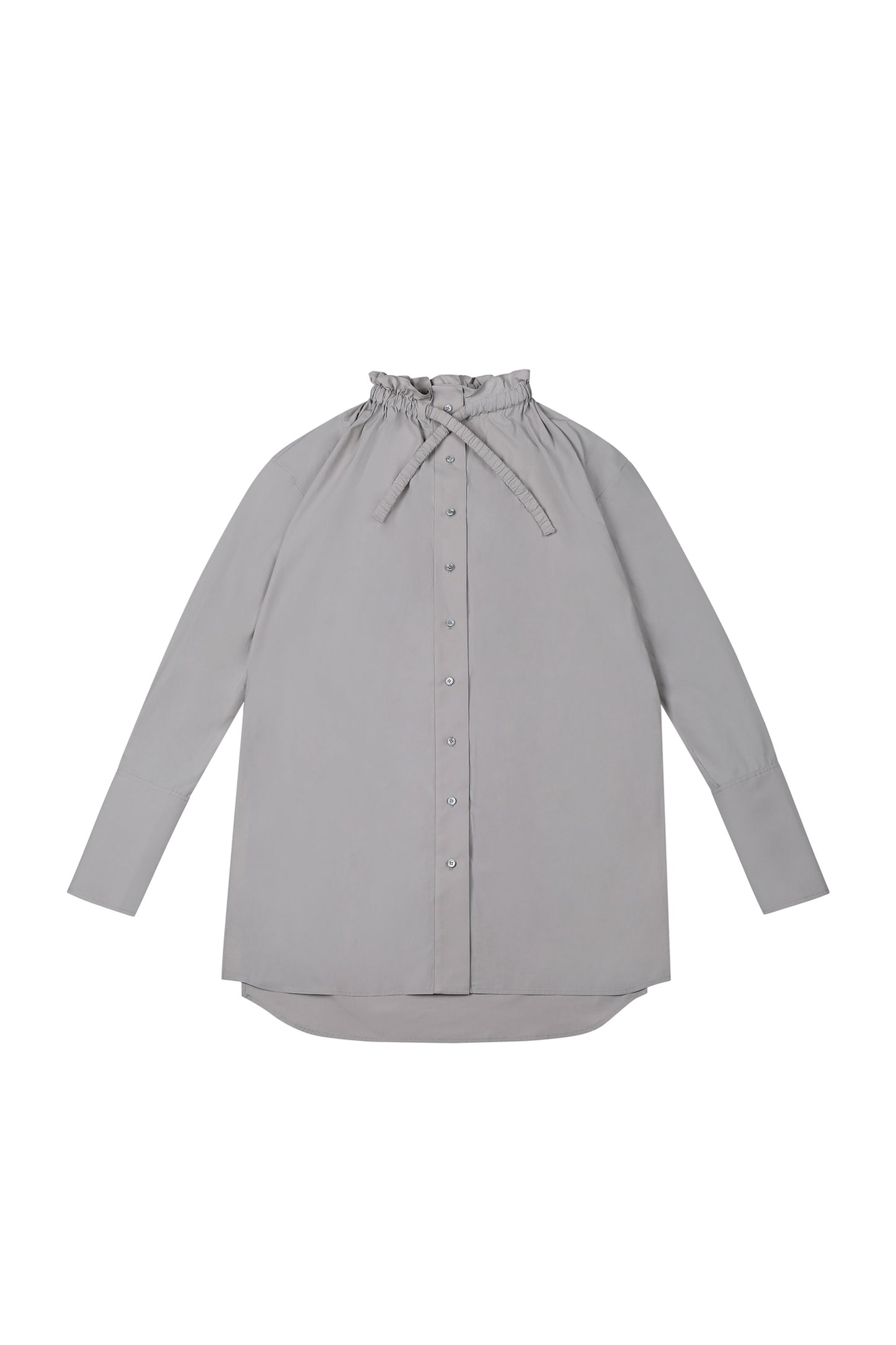 Front view of YIBRI Ruched Collar Long Shirt in soft grey featuring gathered neckline, button-down front and extended cuffs — a quiet luxury oversized shirt silhouette.