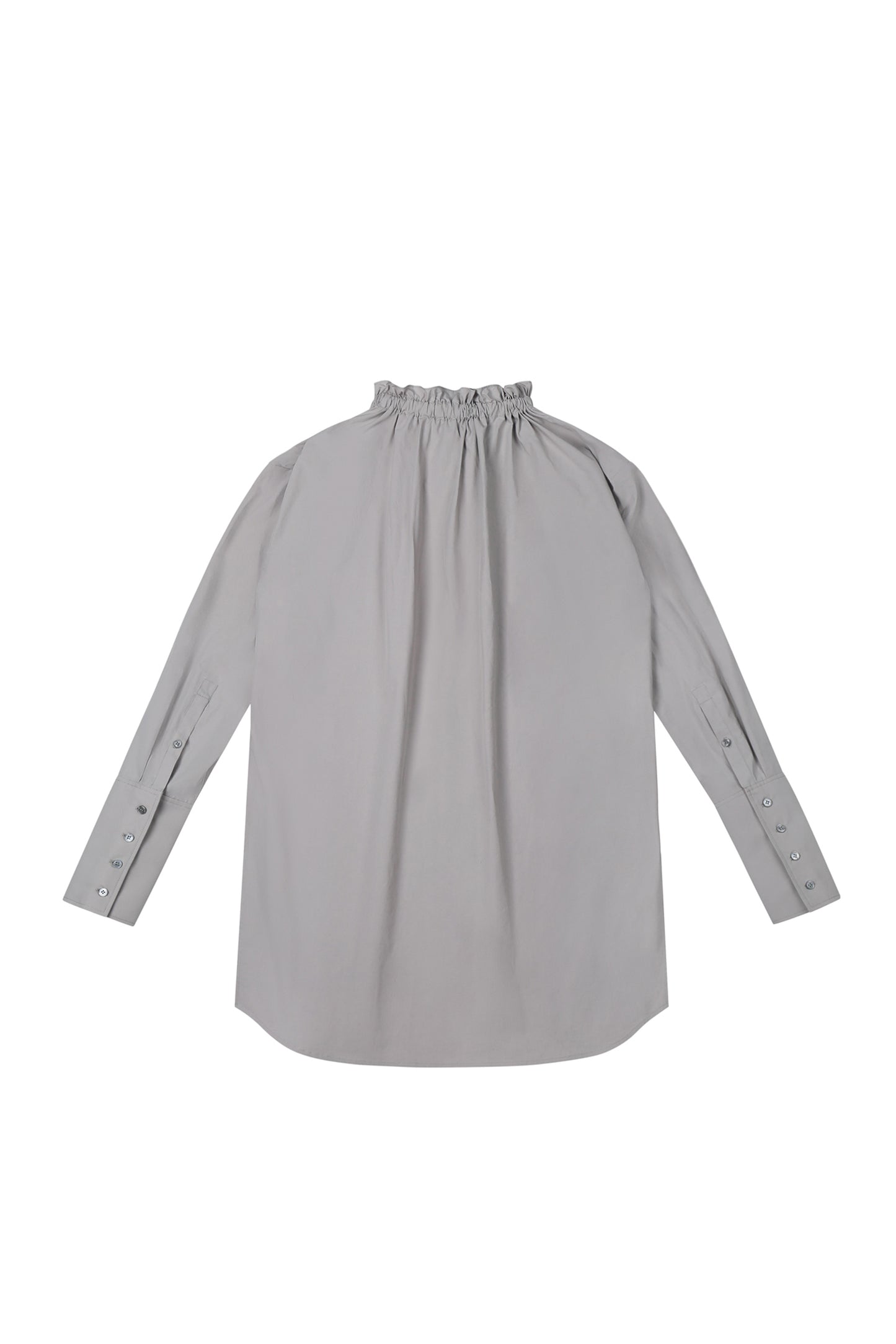 Back view of YIBRI Ruched Collar Long Shirt showing softly gathered neckline, clean drape and relaxed long-line shape — minimalist quiet luxury shirting.
