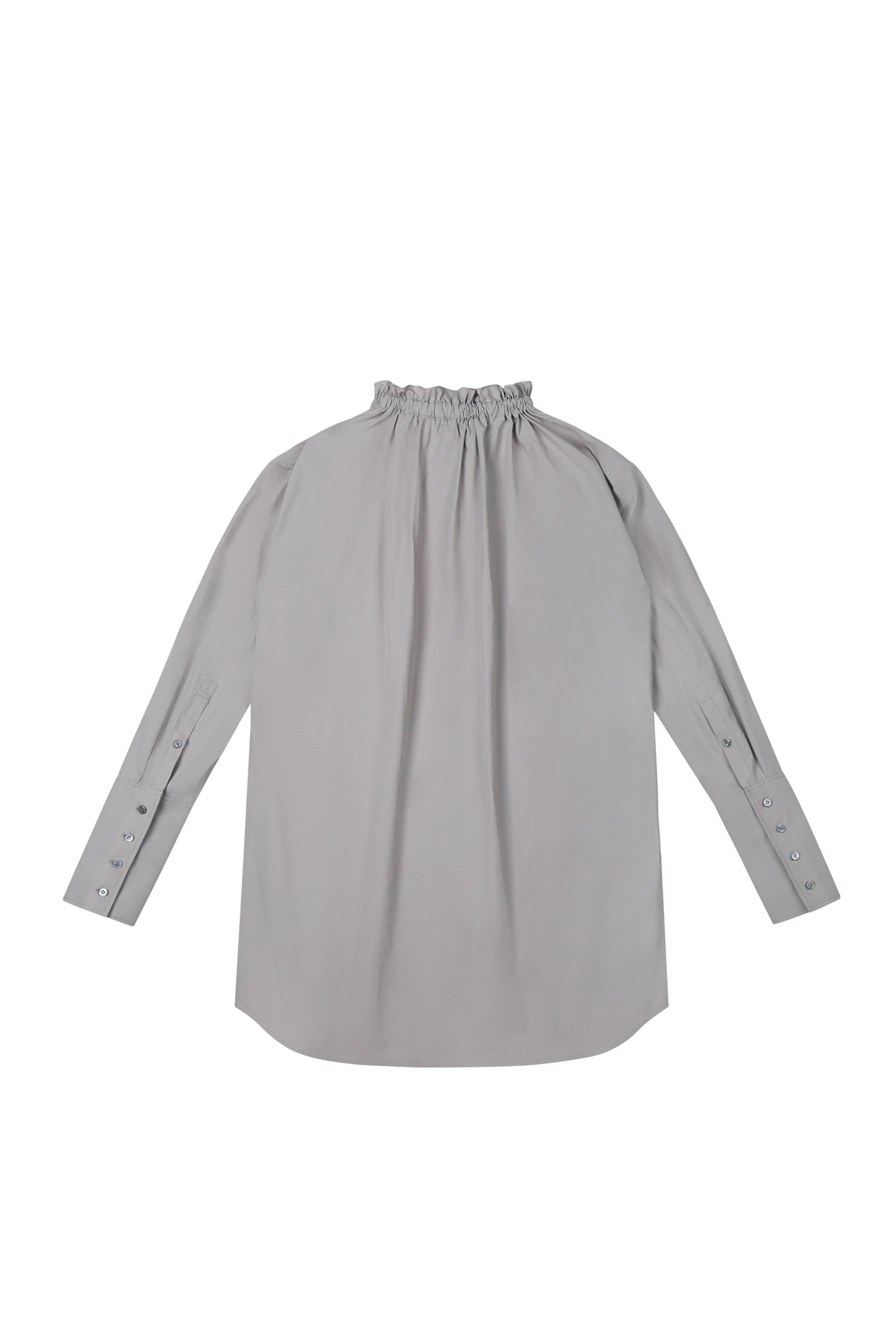 Back view of YIBRI Ruched Collar Long Shirt showing softly gathered neckline, clean drape and relaxed long-line shape — minimalist quiet luxury shirting.