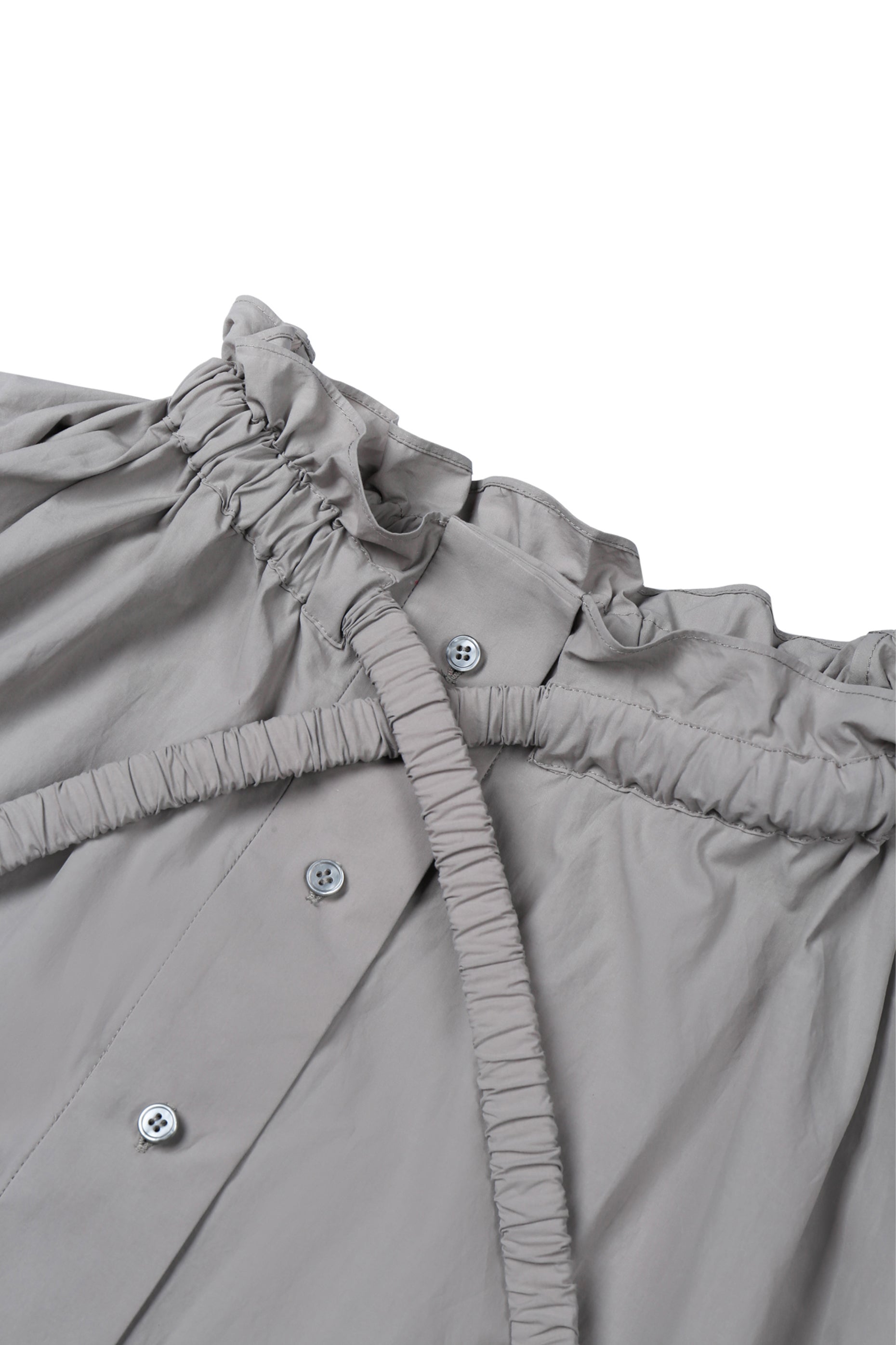 Close-up of ruched collar detail on YIBRI Ruched Collar Long Shirt highlighting gathered construction, refined finishing and quiet luxury craftsmanship.