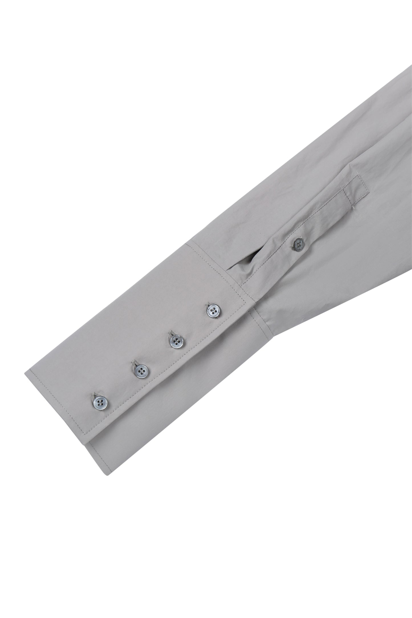 Cuff detail of YIBRI Ruched Collar Long Shirt showing extended placket, clean stitching and minimalist tailored finish.