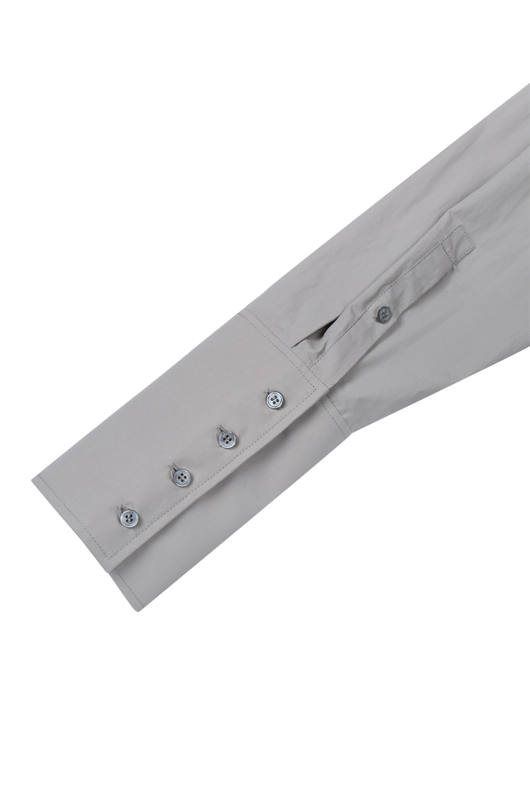 Cuff detail of YIBRI Ruched Collar Long Shirt showing extended placket, clean stitching and minimalist tailored finish.