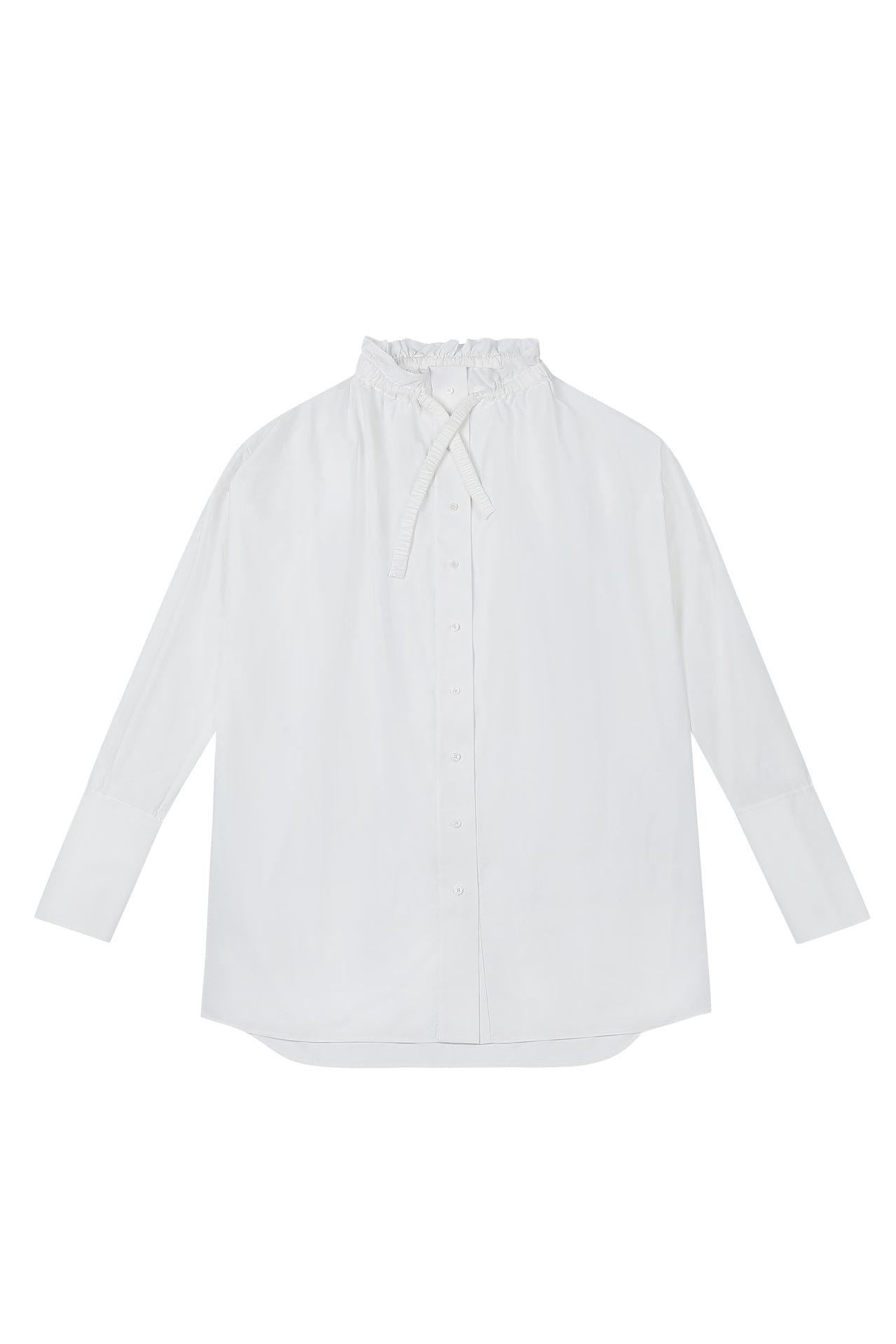Front view of YIBRI Ruched Collar Long Shirt in white washed cotton, featuring soft gathered neckline, long sleeves and an oversized quiet luxury silhouette made from natural, sustainable cotton.