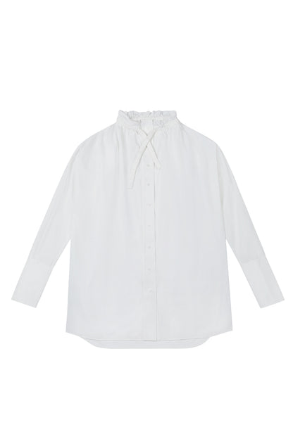 Front view of YIBRI Ruched Collar Long Shirt in white washed cotton, featuring soft gathered neckline, long sleeves and an oversized quiet luxury silhouette made from natural, sustainable cotton.