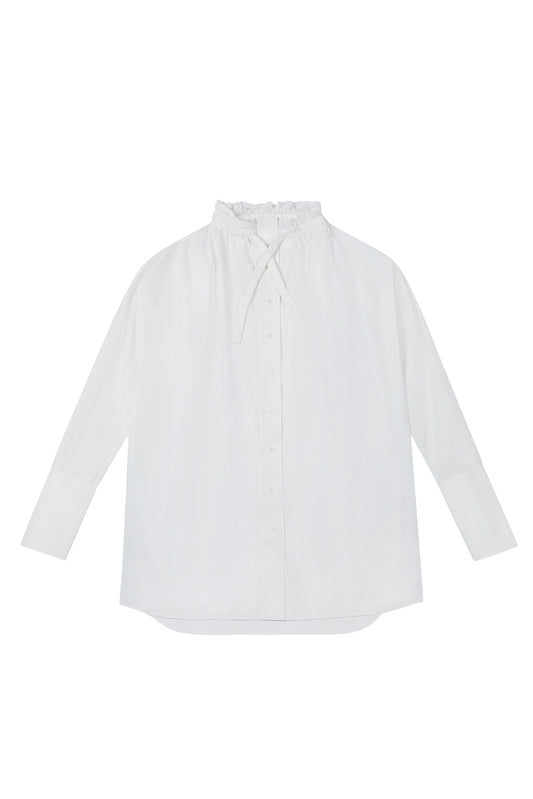 Front view of YIBRI Ruched Collar Long Shirt in white washed cotton, featuring soft gathered neckline, long sleeves and an oversized quiet luxury silhouette made from natural, sustainable cotton.