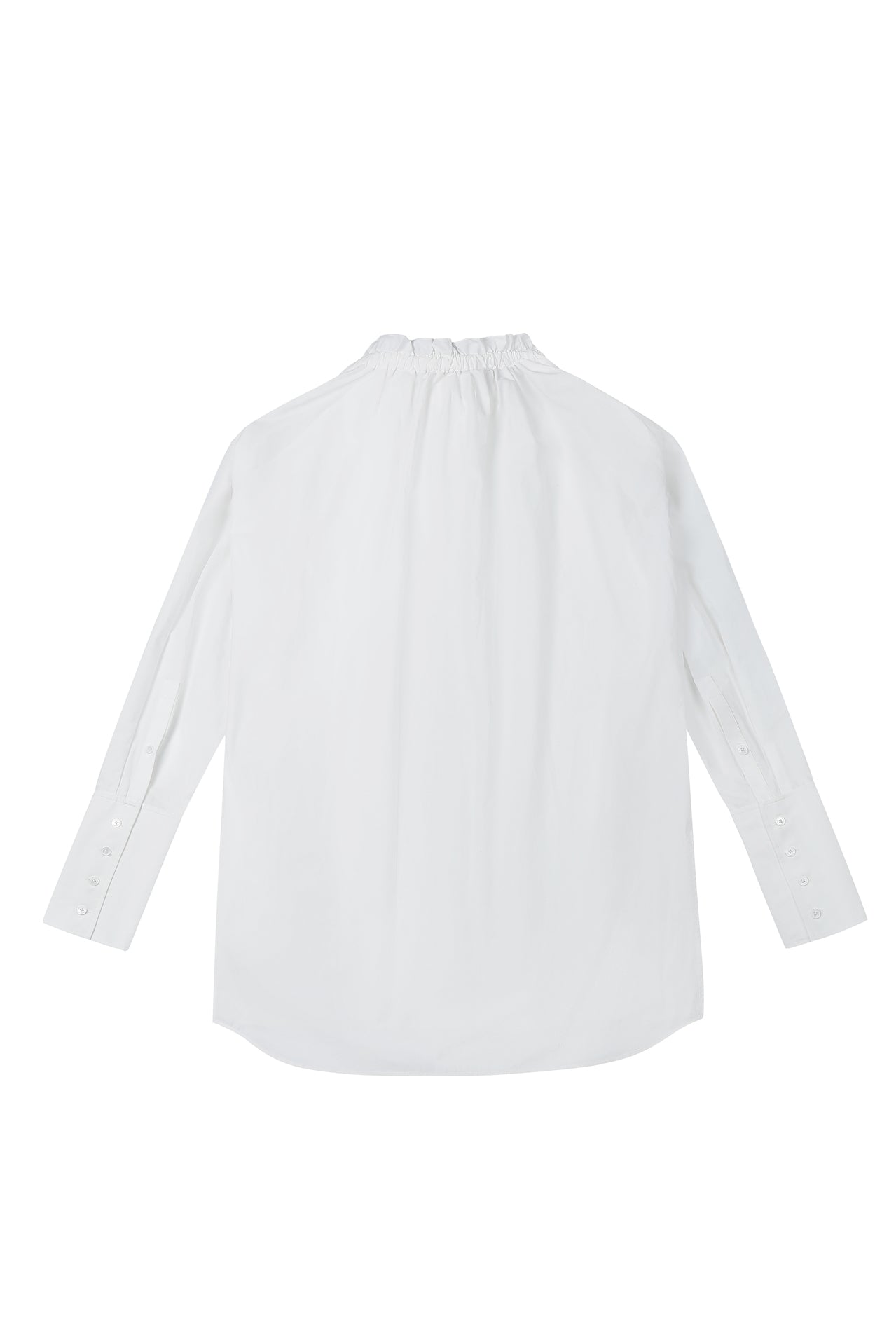 Back view of YIBRI Ruched Collar Long Shirt in white washed cotton, showing the ruched neckline and relaxed long-line drape — minimalist quiet luxury shirting.