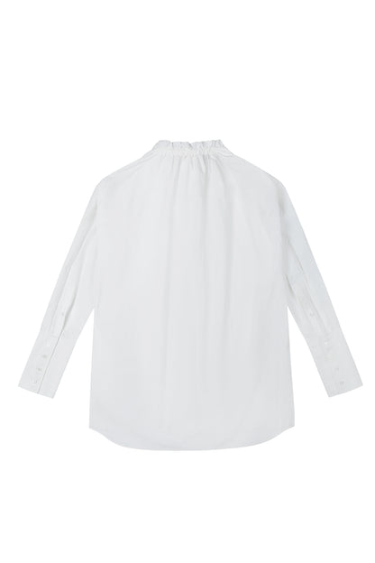 Back view of YIBRI Ruched Collar Long Shirt in white washed cotton, showing the ruched neckline and relaxed long-line drape — minimalist quiet luxury shirting.