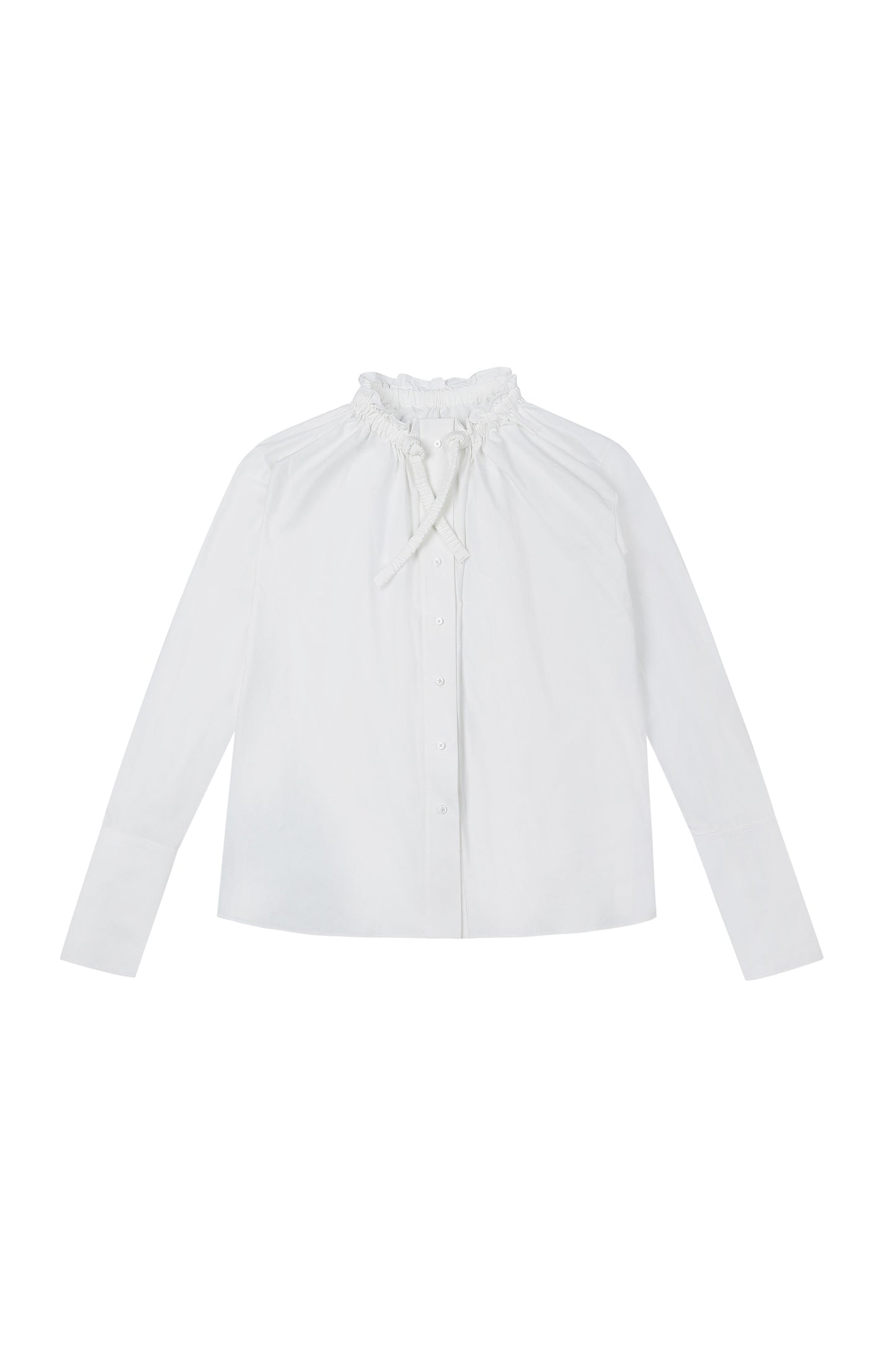 Front view of YIBRI Ruched Short Long Shirt in white washed cotton, featuring soft gathered neckline, long sleeves and an oversized quiet luxury silhouette made from natural, sustainable cotton.