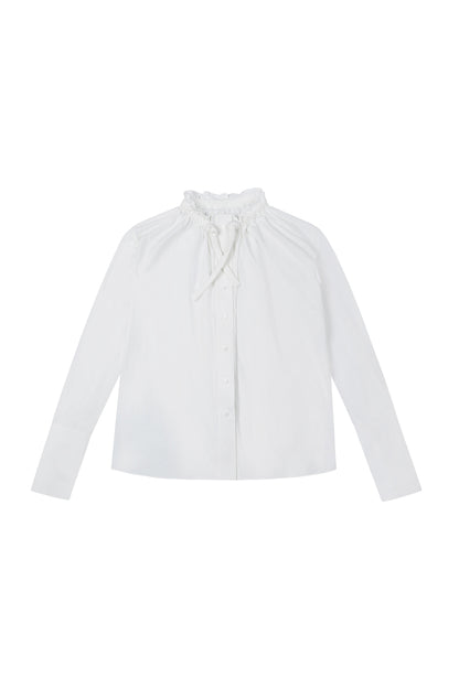 Front view of YIBRI Ruched Short Long Shirt in white washed cotton, featuring soft gathered neckline, long sleeves and an oversized quiet luxury silhouette made from natural, sustainable cotton.