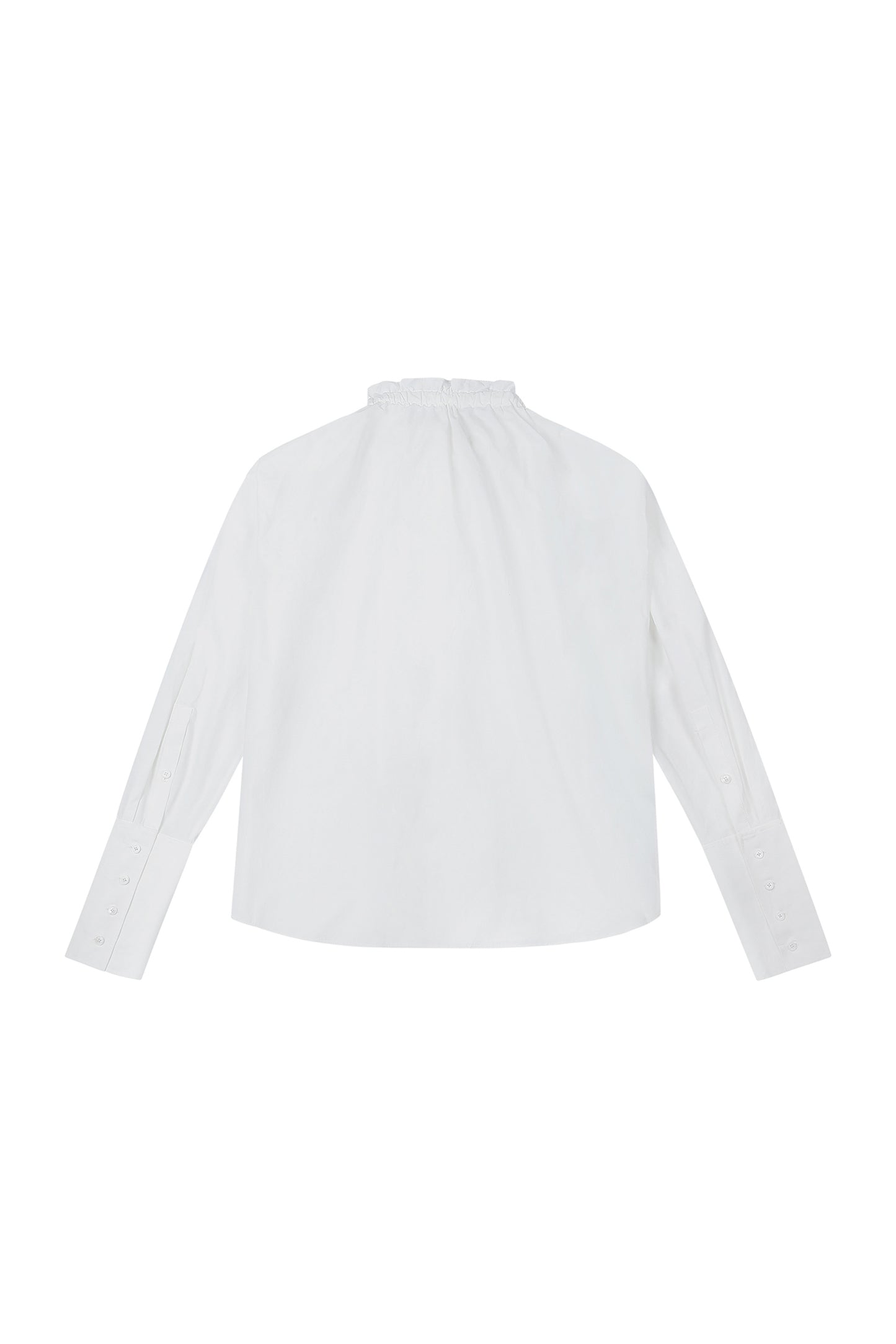 Back view of YIBRI Ruched Collar Short Shirt in white washed cotton, showing the ruched neckline and relaxed long-line drape — minimalist quiet luxury shirting.