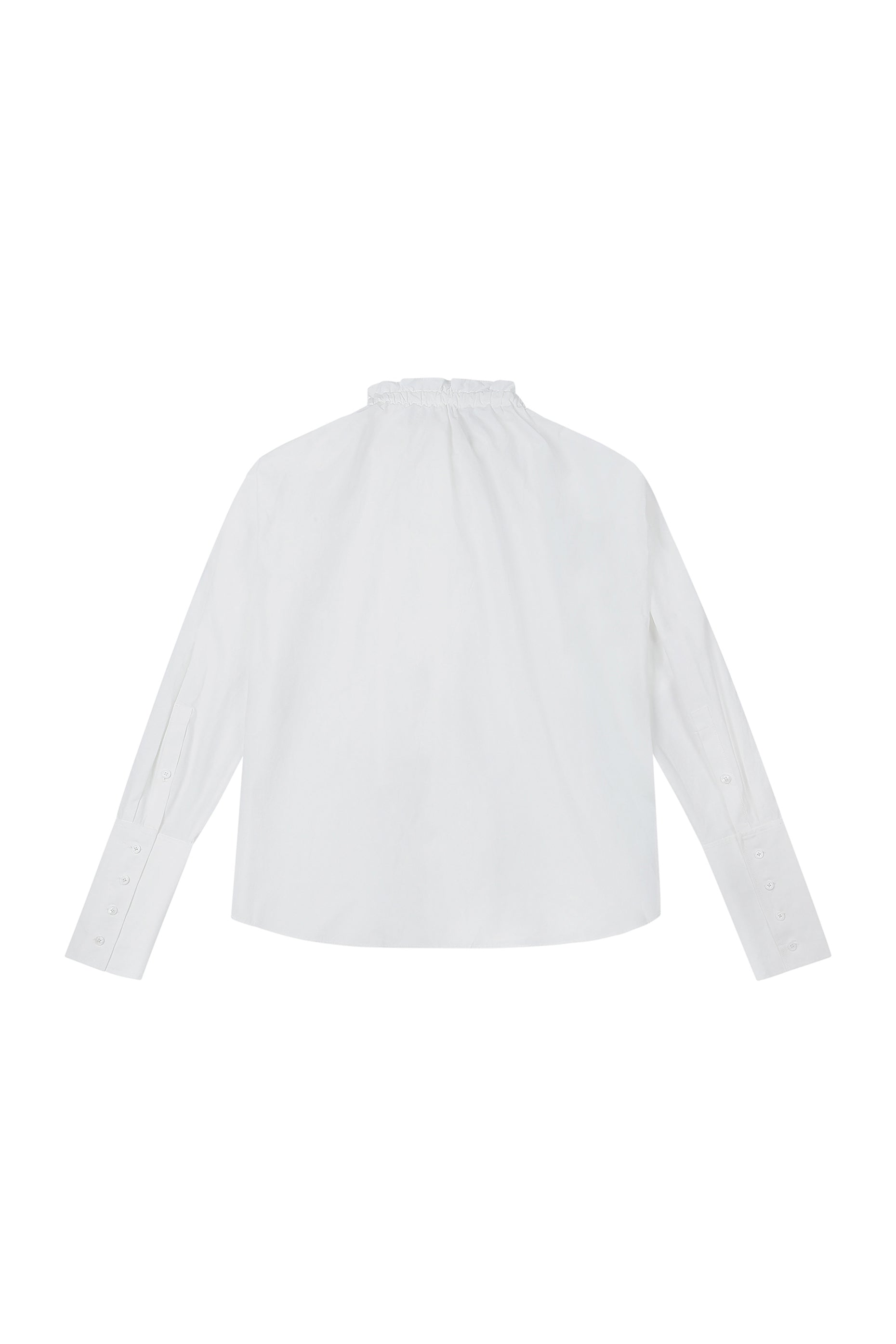 Back view of YIBRI Ruched Collar Short Shirt in white washed cotton, showing the ruched neckline and relaxed long-line drape — minimalist quiet luxury shirting.