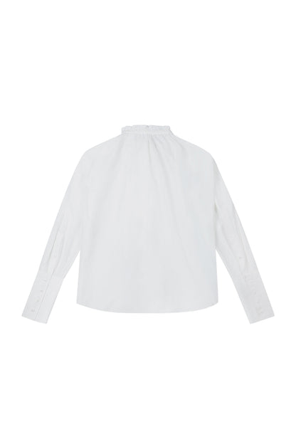 Back view of YIBRI Ruched Collar Short Shirt in white washed cotton, showing the ruched neckline and relaxed long-line drape — minimalist quiet luxury shirting.