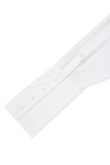 Detailed view of the ruched collar and tie on the YIBRI Ruched Collar Short Shirt in white washed cotton, showcasing gathered construction and quiet luxury finishing.