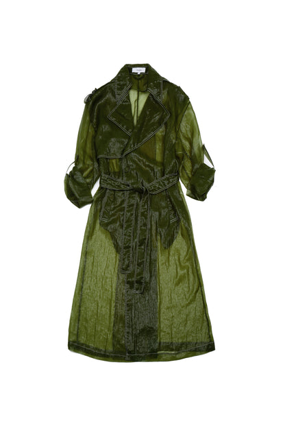 Green trench coat with a belt on a white background， nylon, by independent London designer 