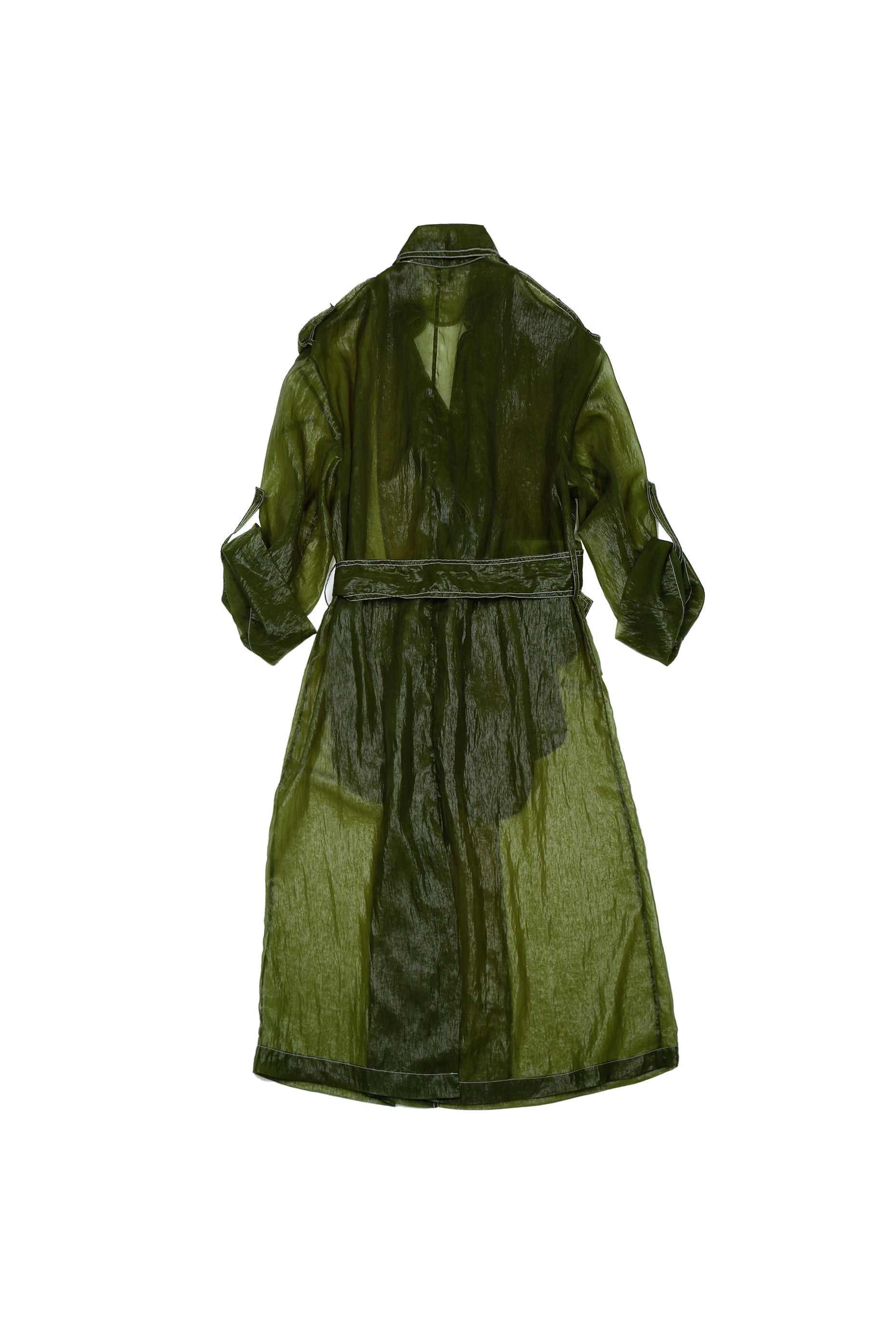 Green trench coat on a white background, by independent designer based in London, intricate textile 