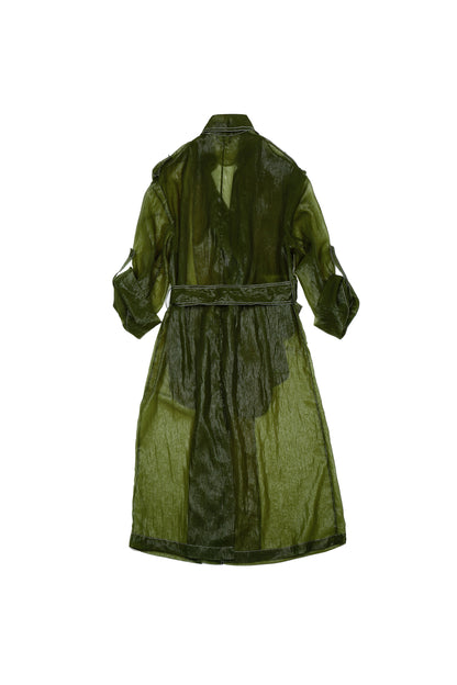 Green trench coat on a white background, by independent designer based in London, intricate textile 