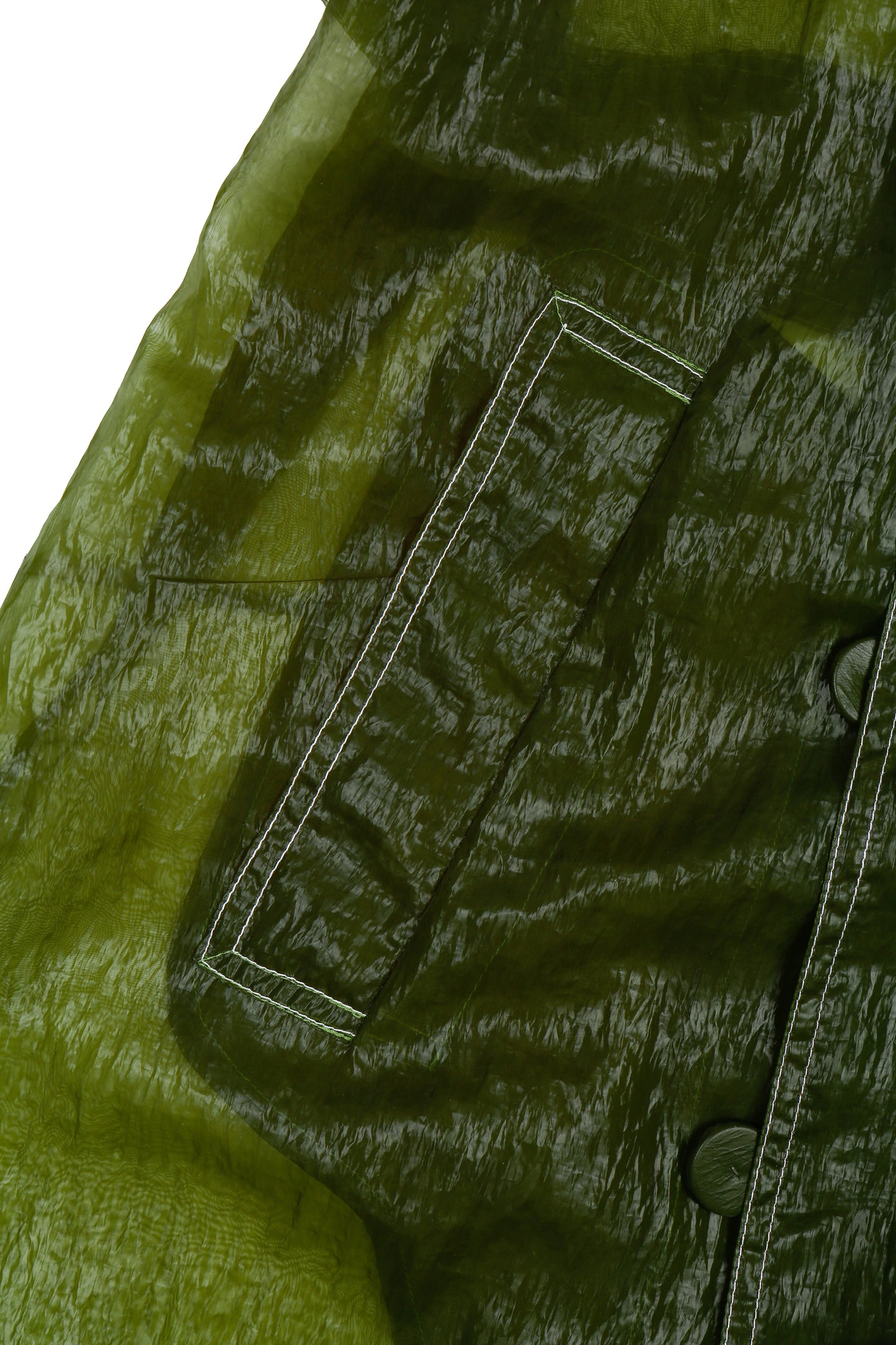 Close-up of a green nylon trench with white contrasting stitching details.