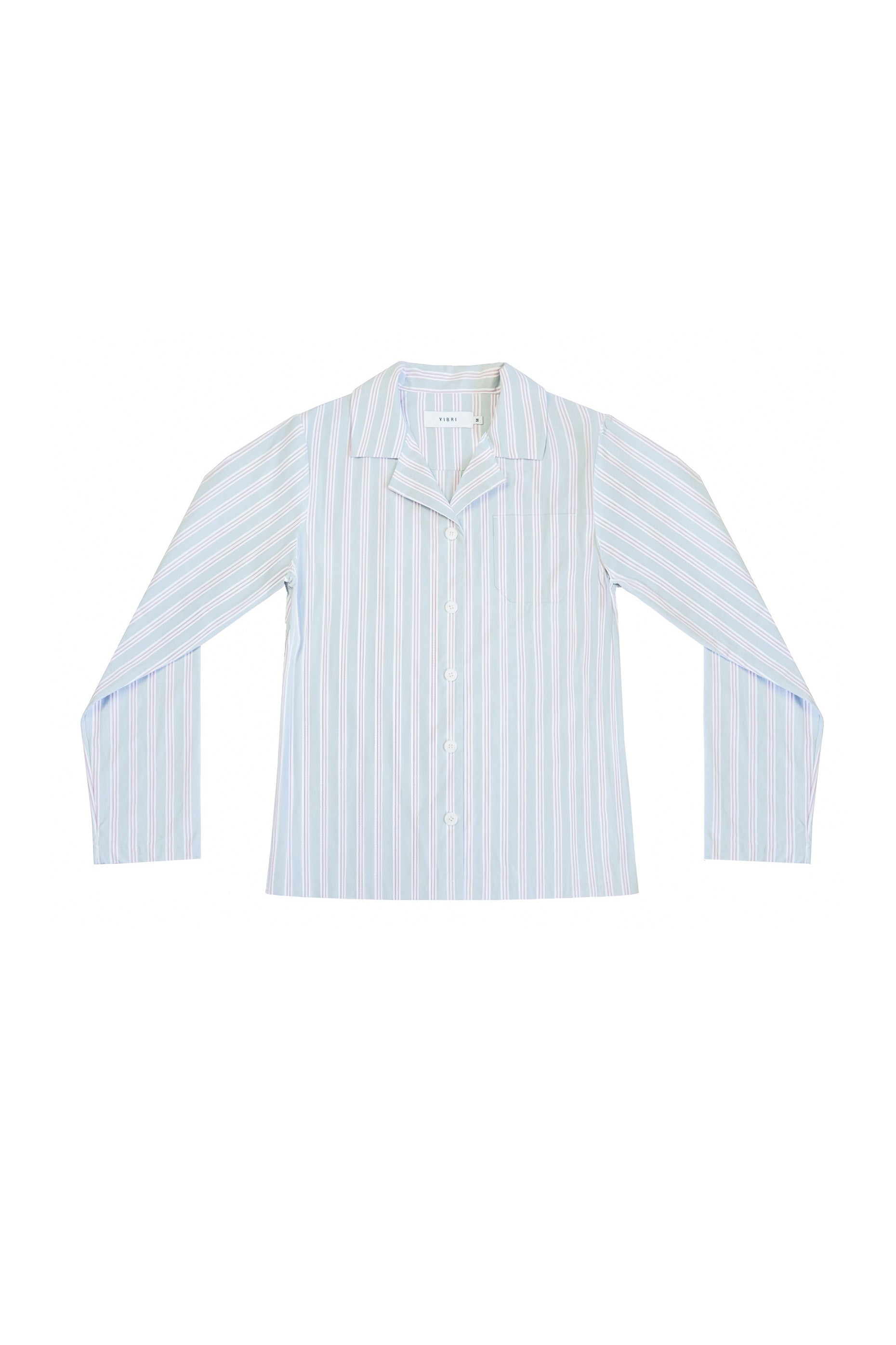 Front view of the YIBRI Stonewashed Striped Shirt featuring blue and pink vertical stripes in soft stonewashed cotton.