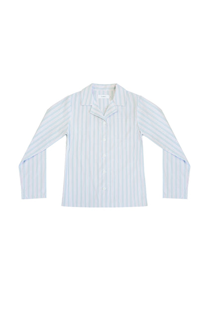 Front view of the YIBRI Stonewashed Striped Shirt featuring blue and pink vertical stripes in soft stonewashed cotton.