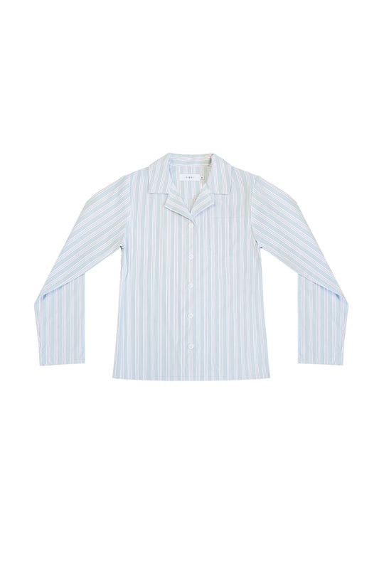Front view of the YIBRI Stonewashed Striped Shirt featuring blue and pink vertical stripes in soft stonewashed cotton.