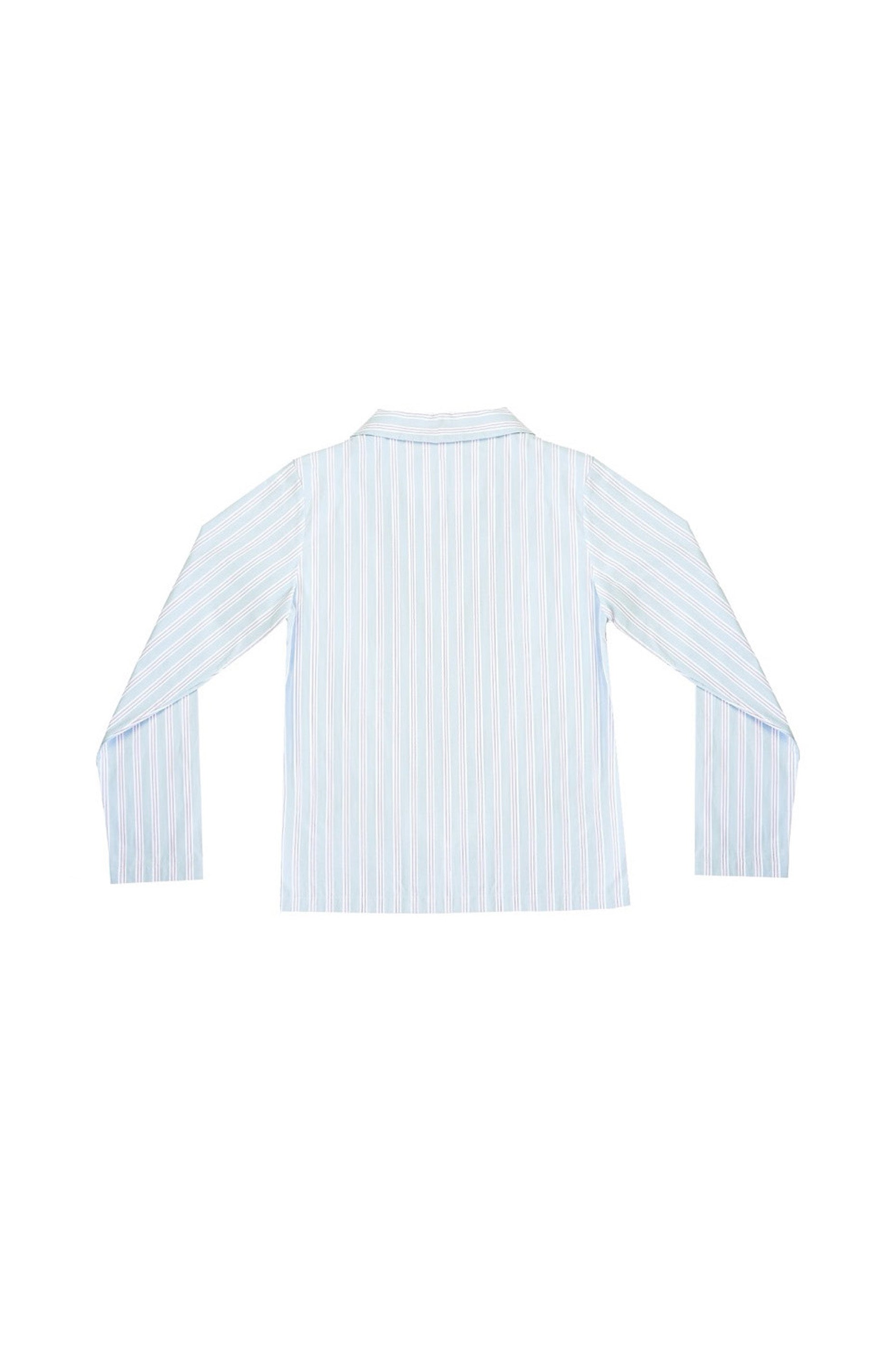 Back view of the YIBRI Stonewashed Striped Shirt in blue and pink stripes, showing the clean straight-cut silhouette.