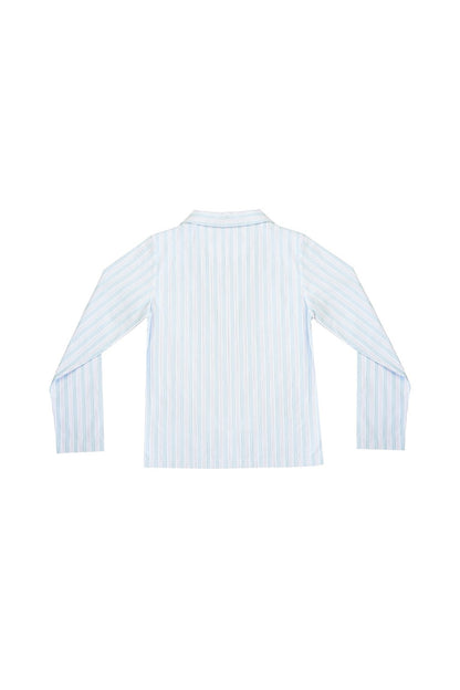 Back view of the YIBRI Stonewashed Striped Shirt in blue and pink stripes, showing the clean straight-cut silhouette.