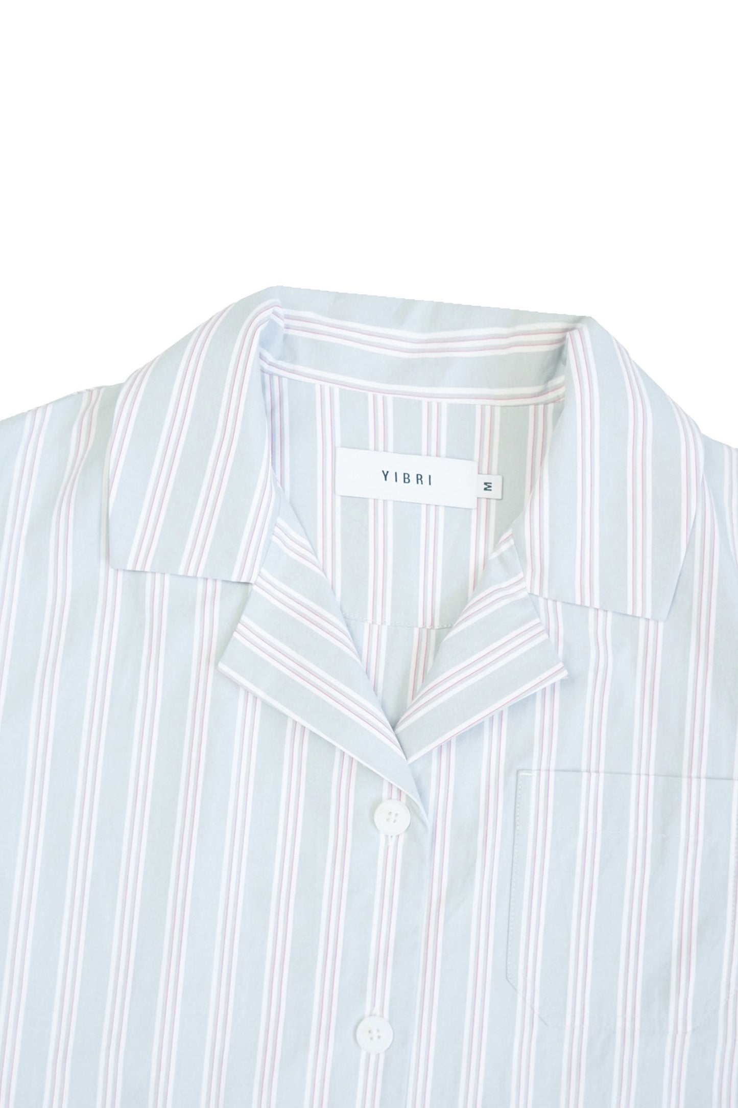 Close-up of the collar on the YIBRI Stonewashed Striped Shirt, highlighting the soft stonewashed cotton and striped pattern.