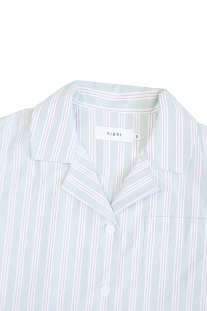 Close-up of the collar on the YIBRI Stonewashed Striped Shirt, highlighting the soft stonewashed cotton and striped pattern.