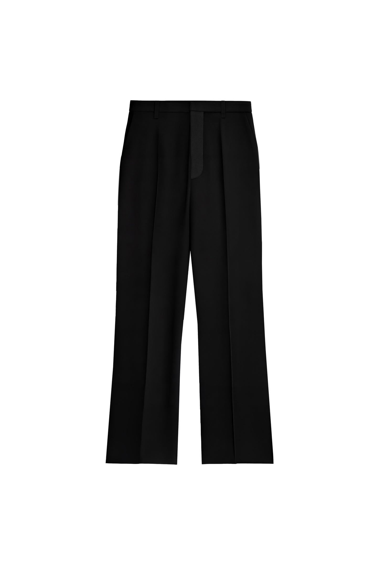 Front view of YIBRI Straight-Leg Suit Trousers featuring a clean tailored cut, soft drape and central pressed pleats in black.