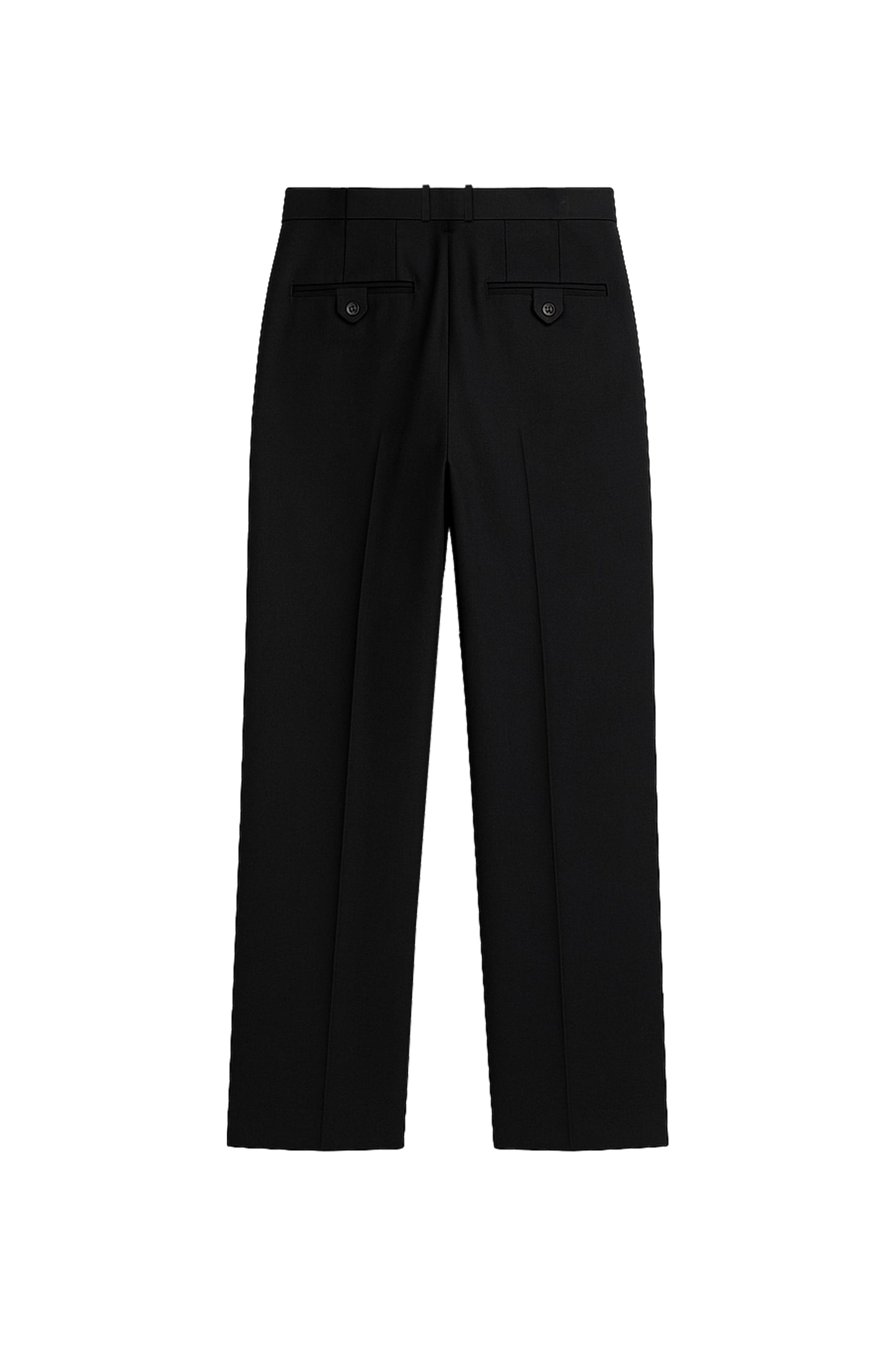 Back view of YIBRI Straight-Leg Suit Trousers showing welt pockets with button tabs and refined straight-leg silhouette.