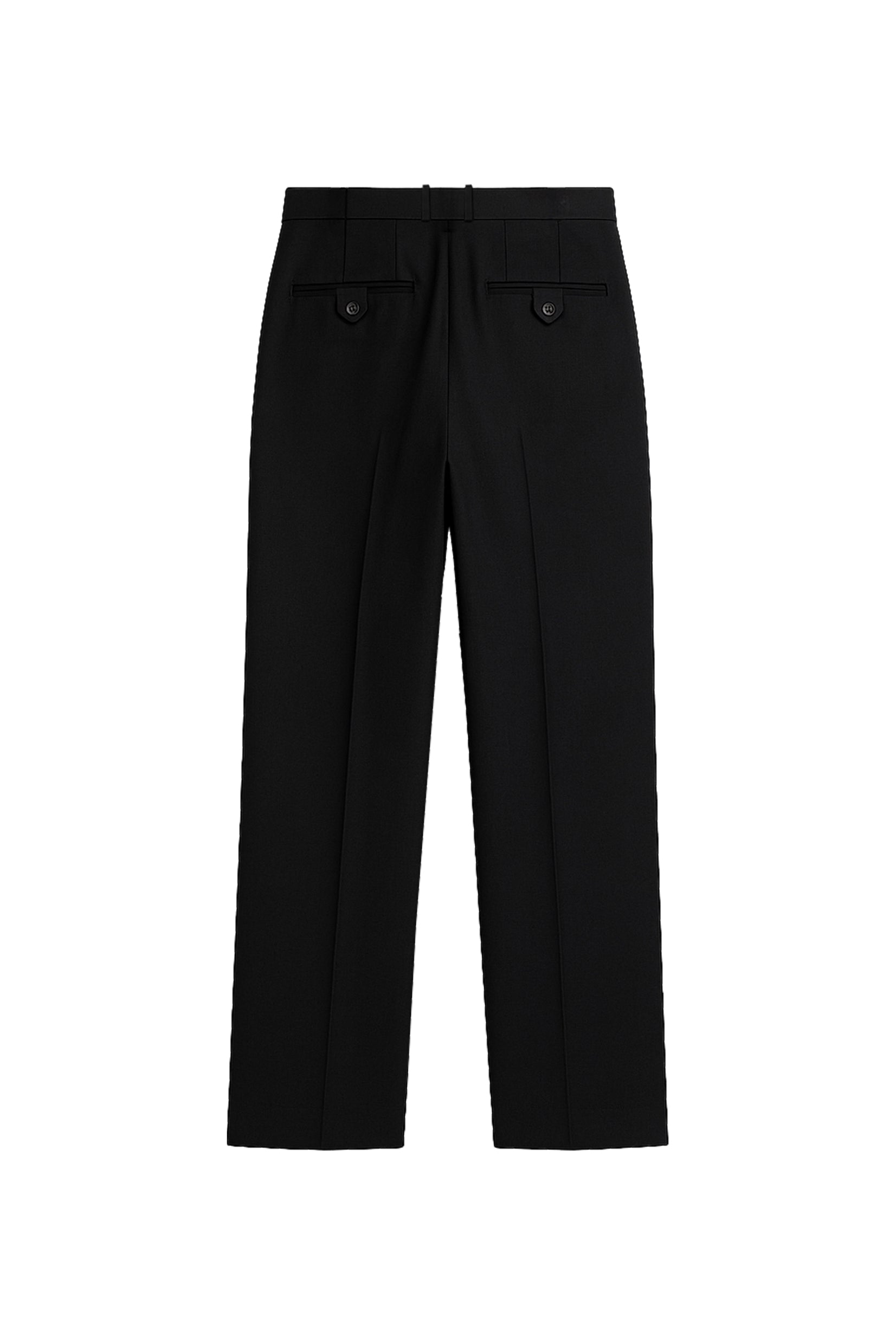 Back view of YIBRI Straight-Leg Suit Trousers showing welt pockets with button tabs and refined straight-leg silhouette.