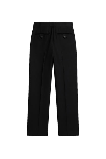 Back view of YIBRI Straight-Leg Suit Trousers showing welt pockets with button tabs and refined straight-leg silhouette.