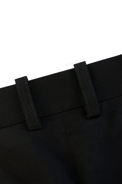 Close-up of the tailored waistband and structured belt loops on the YIBRI Straight-Leg Suit Trousers.