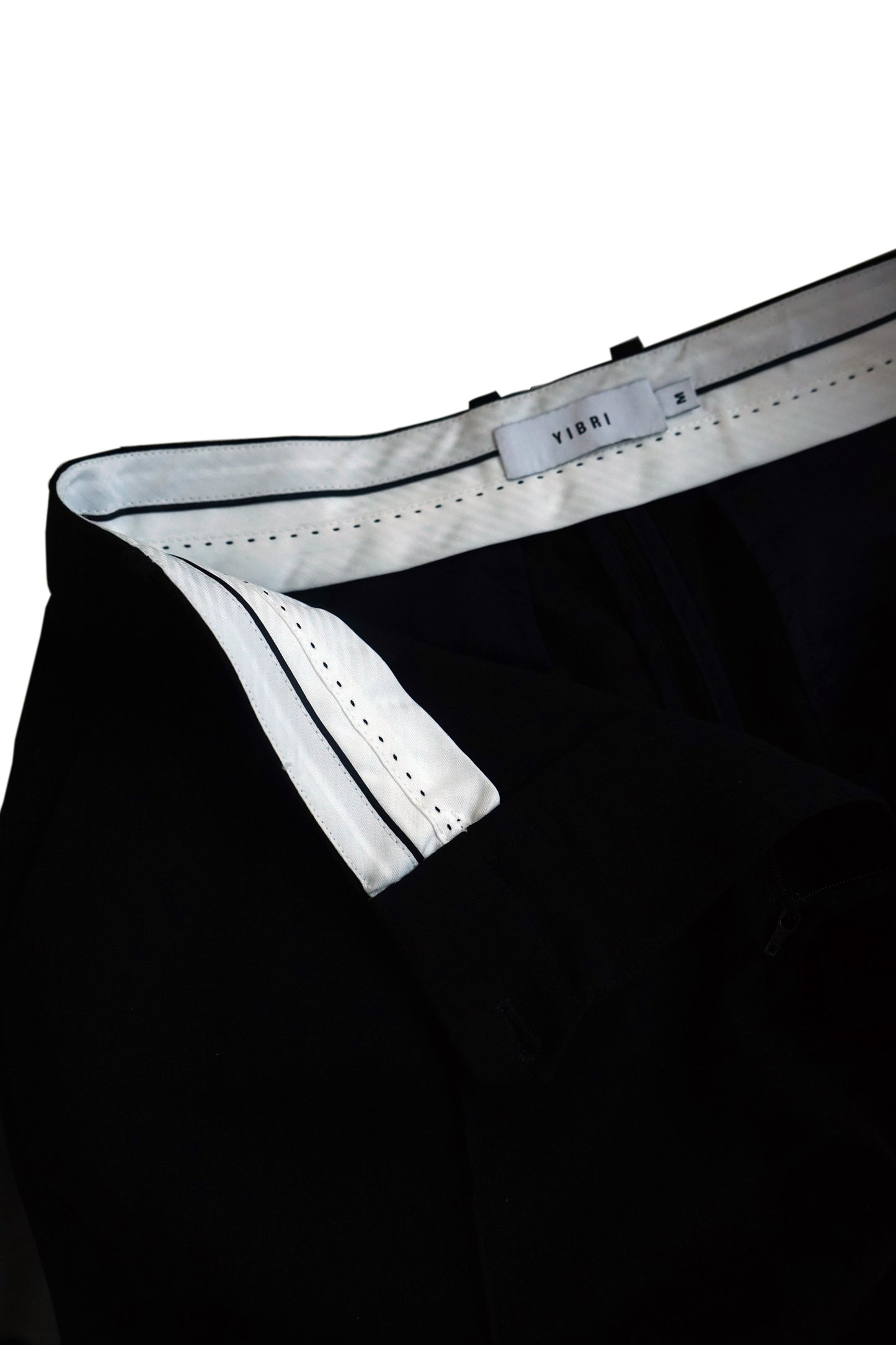 Interior view of the YIBRI Straight-Leg Suit Trousers showcasing the structured waistband, clean finishing and signature construction.