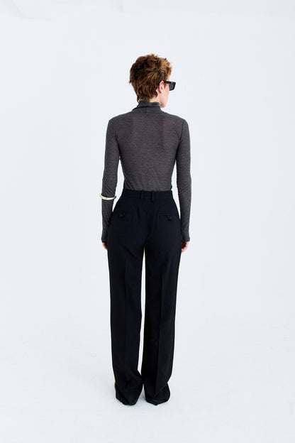Back view of the YIBRI Straight-Leg Suit Trousers on model, highlighting the tailored waistband and welt pocket detailing.