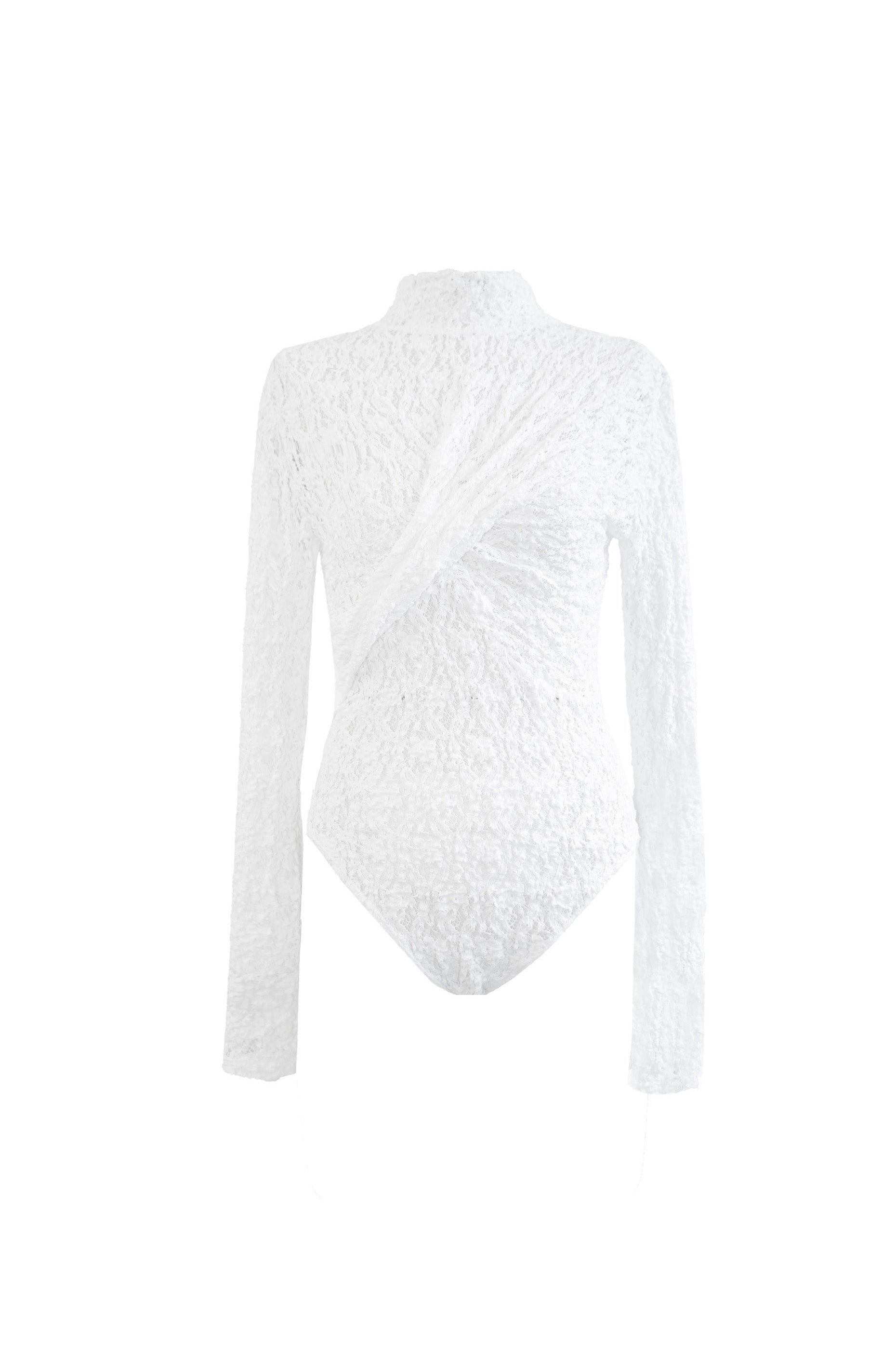 Front view of YIBRI Reversible Twisted-Knot Top in white lace, featuring a sculptural twisted drape across the chest and long sheer lace sleeves.