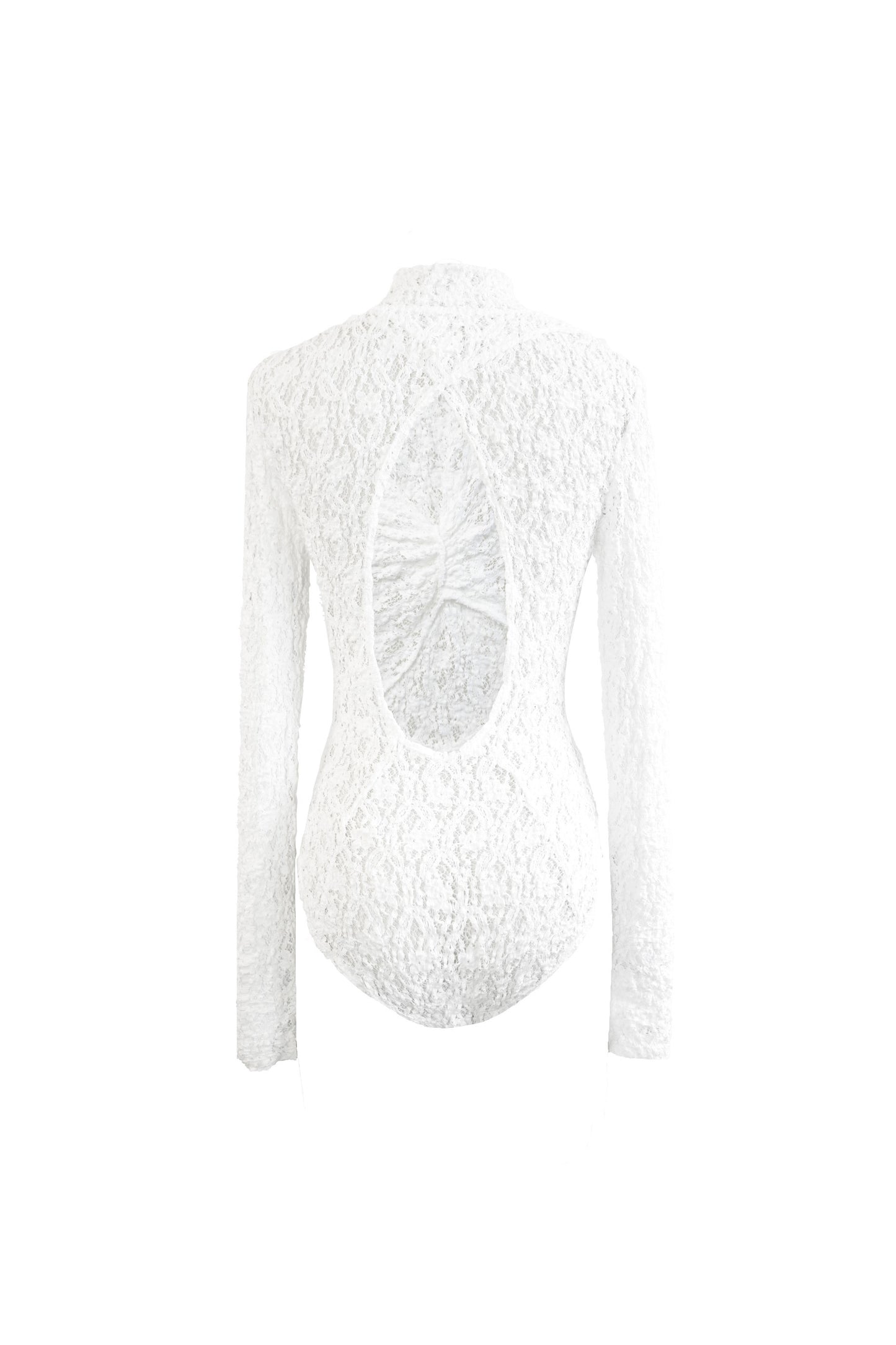 Back view of YIBRI Reversible Twisted-Knot Top in white lace, showcasing the signature open cut-out back and softly gathered twist detail.