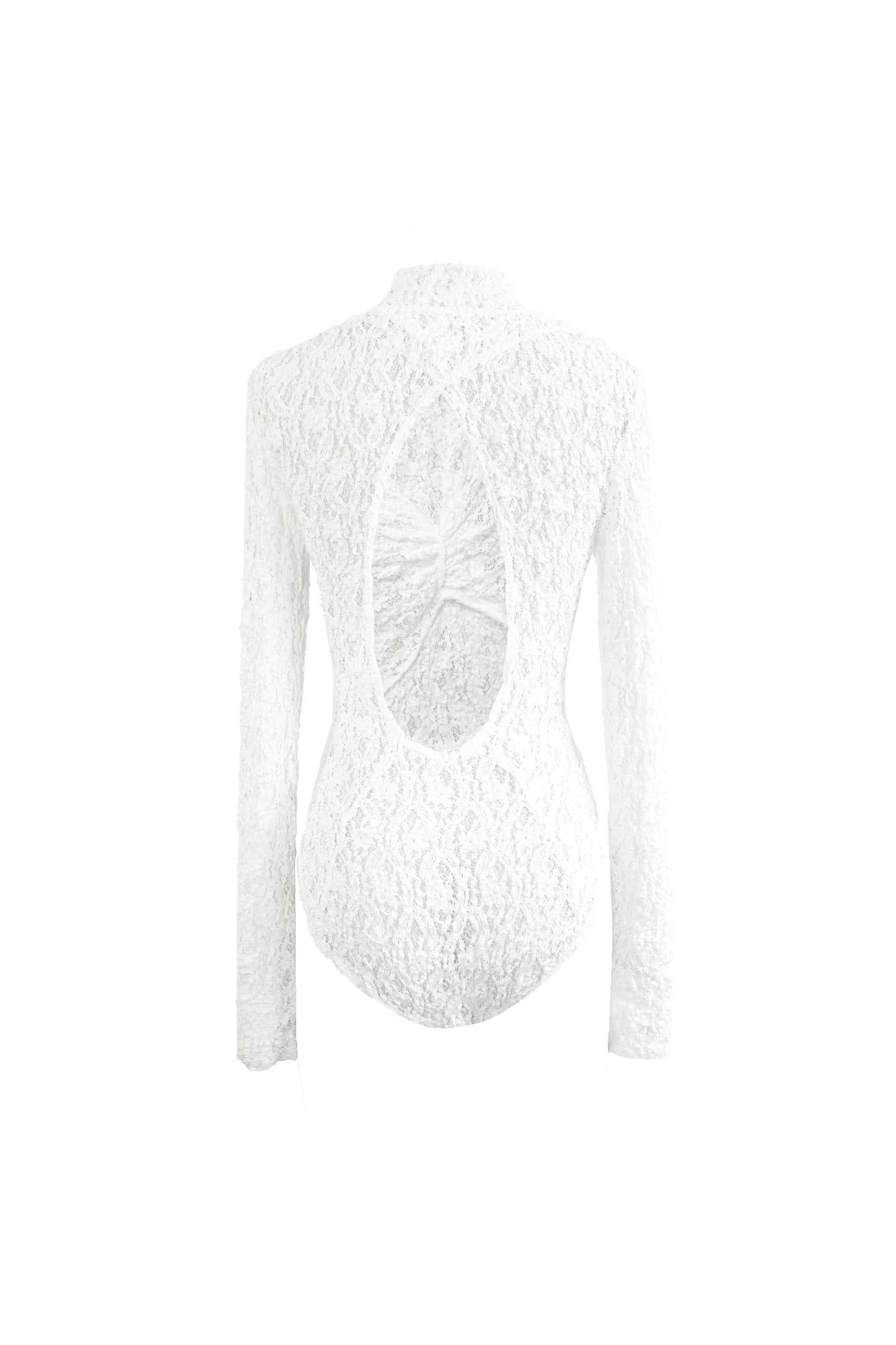 Back view of YIBRI Reversible Twisted-Knot Top in white lace, showcasing the signature open cut-out back and softly gathered twist detail.