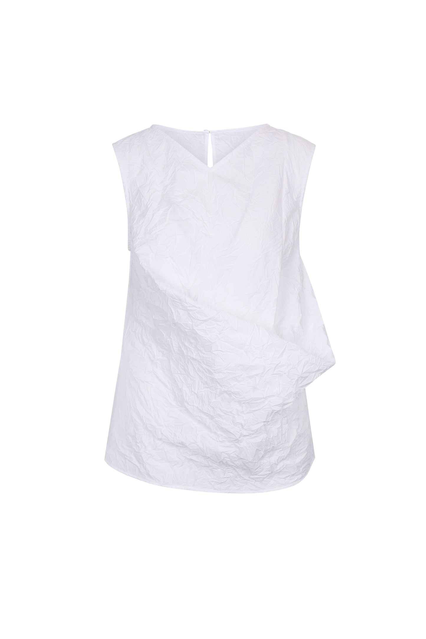 Front view of the YIBRI White Crinkled Texture Sleeveless Top showcasing the sculptural draped front and crisp, lightweight crushed-cotton surface.