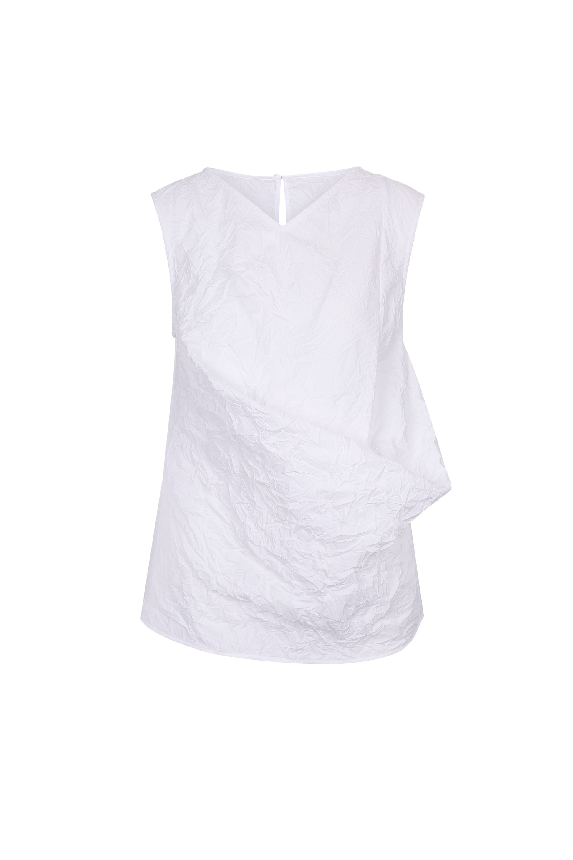 Front view of the YIBRI White Crinkled Texture Sleeveless Top showcasing the sculptural draped front and crisp, lightweight crushed-cotton surface.