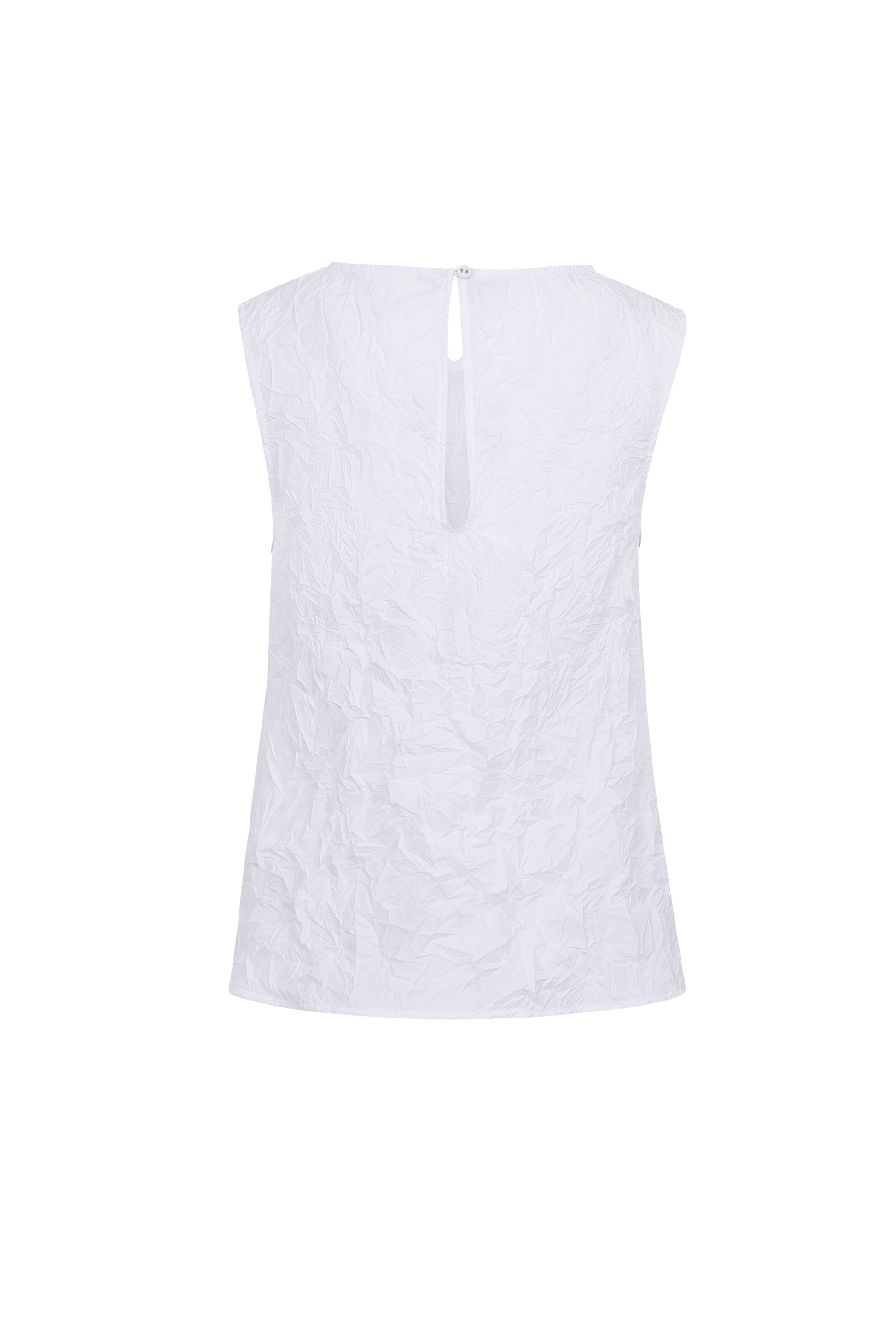 Back view of the YIBRI White Crinkled Texture Sleeveless Top featuring a clean silhouette and subtle keyhole button closure.