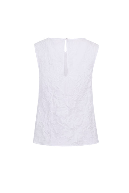 Back view of the YIBRI White Crinkled Texture Sleeveless Top featuring a clean silhouette and subtle keyhole button closure.