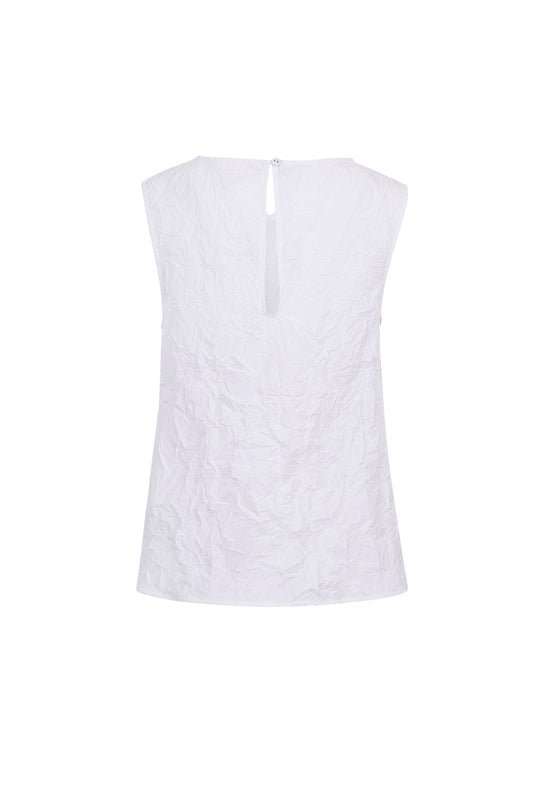 Back view of the YIBRI White Crinkled Texture Sleeveless Top featuring a clean silhouette and subtle keyhole button closure.